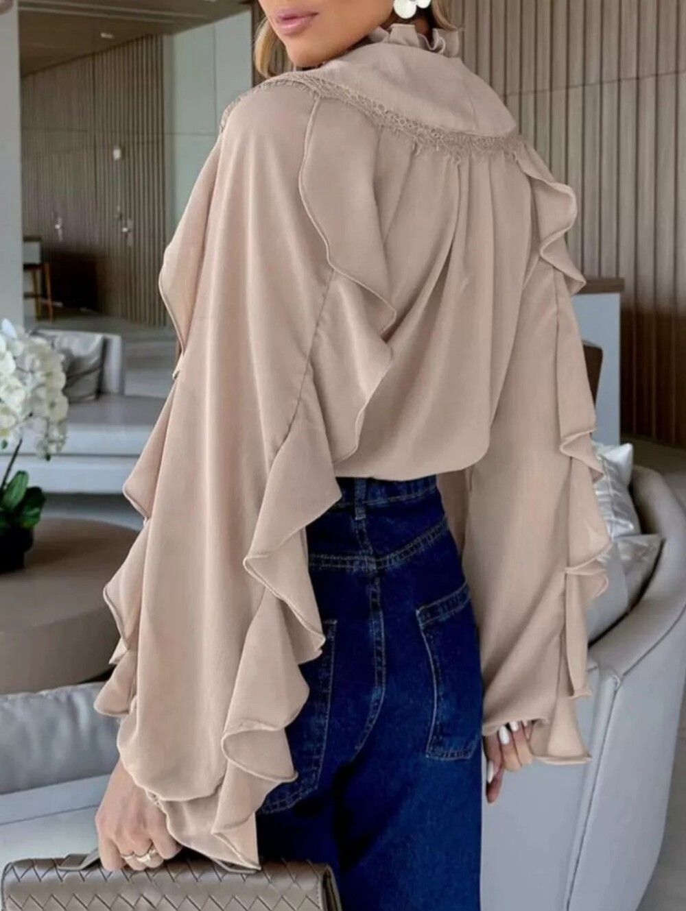 V-Neck Ruffled Lace Trim Blouse - Picture 5 of 6